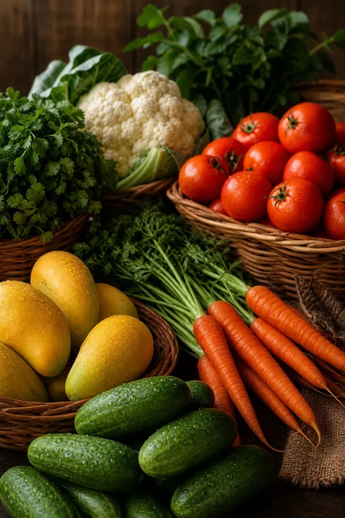 Fresh Pakistani produce including tomatoes, carrots, cucumbers, mangoes and cauliflower