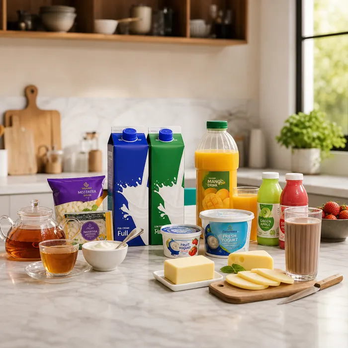 Pakistani dairy and beverage essentials including milk, yogurt, juice and tea