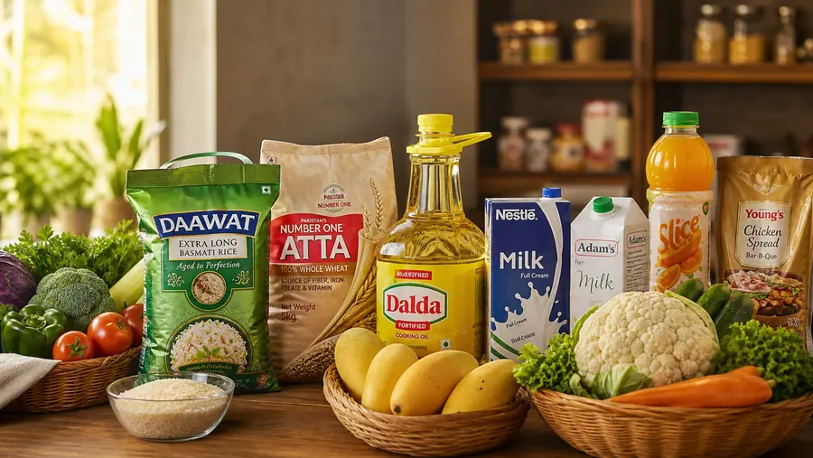 Pakistani grocery essentials including rice, atta, cooking oil, milk and fresh produce